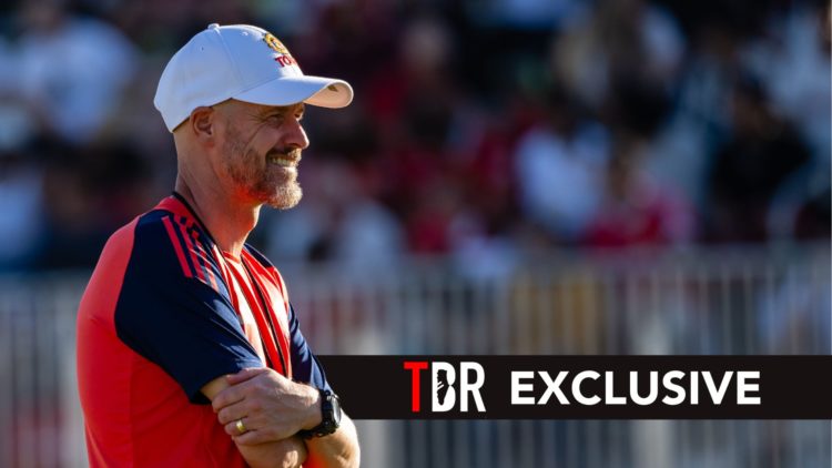 Manager Erik ten Hag of Manchester United in action during a first team training session. Overlaid, an exclusive banner.