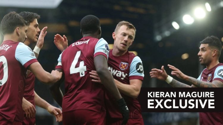 West Ham United's Kurt Zouma celebrates scoring his side's first goal with James Ward-Prowse during the Premier League match.