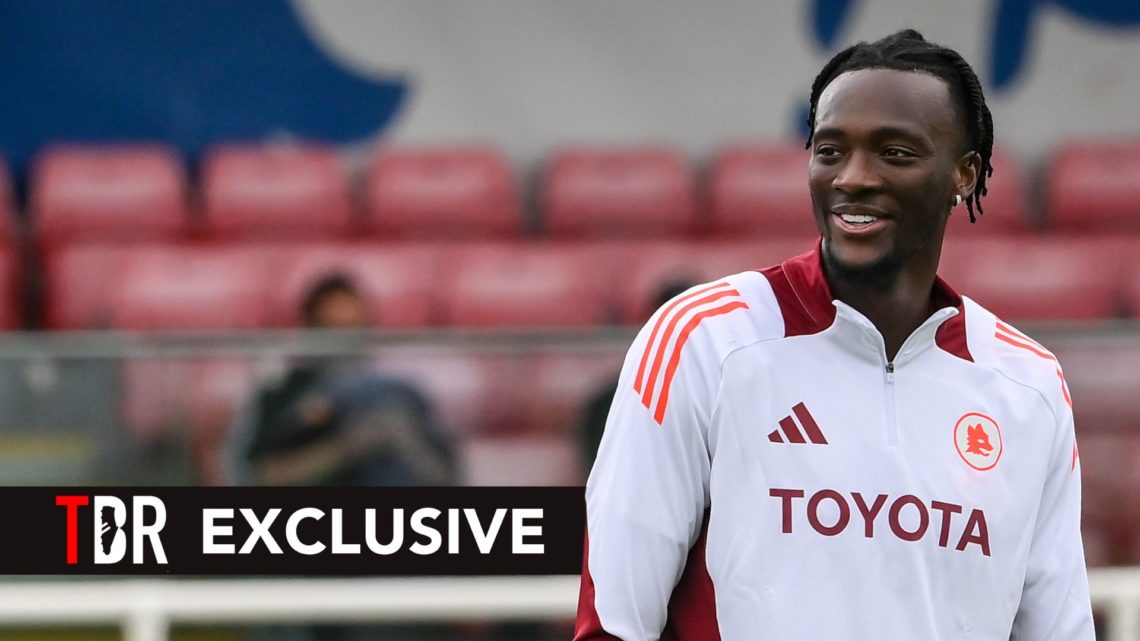 AS Roma player Tammy Abraham during a training session at St George's Park. Overlaid, an exclusive banner.