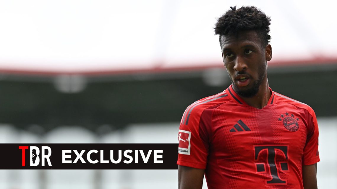 Kingsley Coman of FC Bayern Muenchen looks on during the Preseason Friendly match. Overlaid, an exclusive banner.