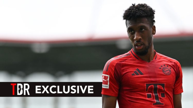 Kingsley Coman of FC Bayern Muenchen looks on during the Preseason Friendly match. Overlaid, an exclusive banner.