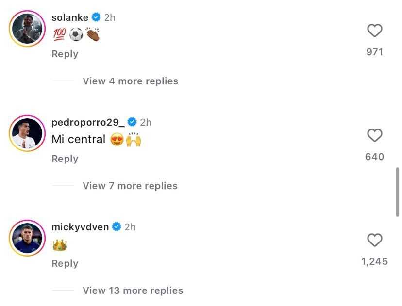 Dominic Solanke and Micky van de Ven celebrate Cristian Romero reaching 100 games for Tottenham