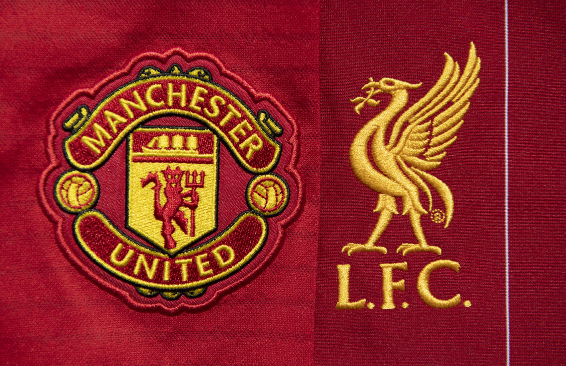 The Liverpool and Manchester United club crests on their first team home shirts on May 4, 2020 in Manchester, England