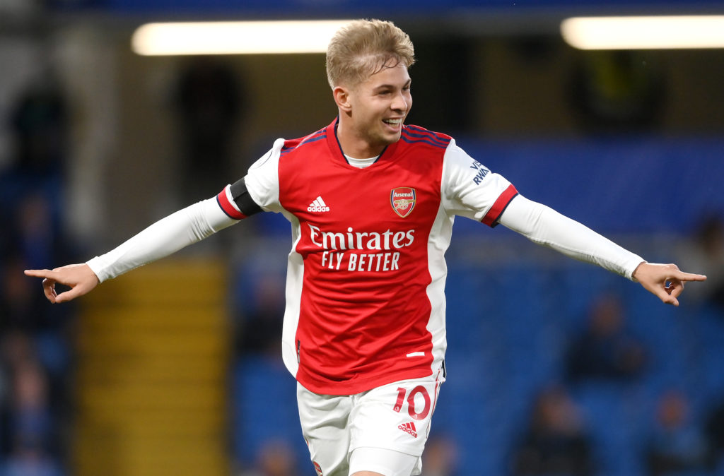 Emile Smith Rowe of Arsenal celebrates after scoring their team's second goal during the Premier League match between Chelsea and Arsenal at Stamfo...