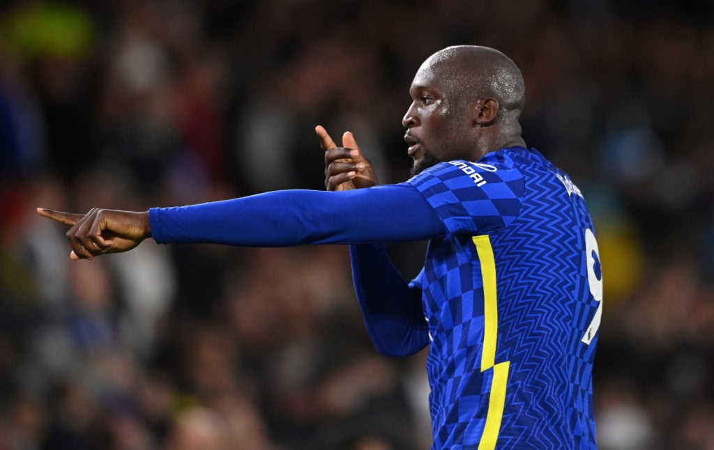 Romelu Lukaku of Chelsea celebrates after scoring their side's third goal during the Premier League match between Leeds United and Chelsea at Ellan...