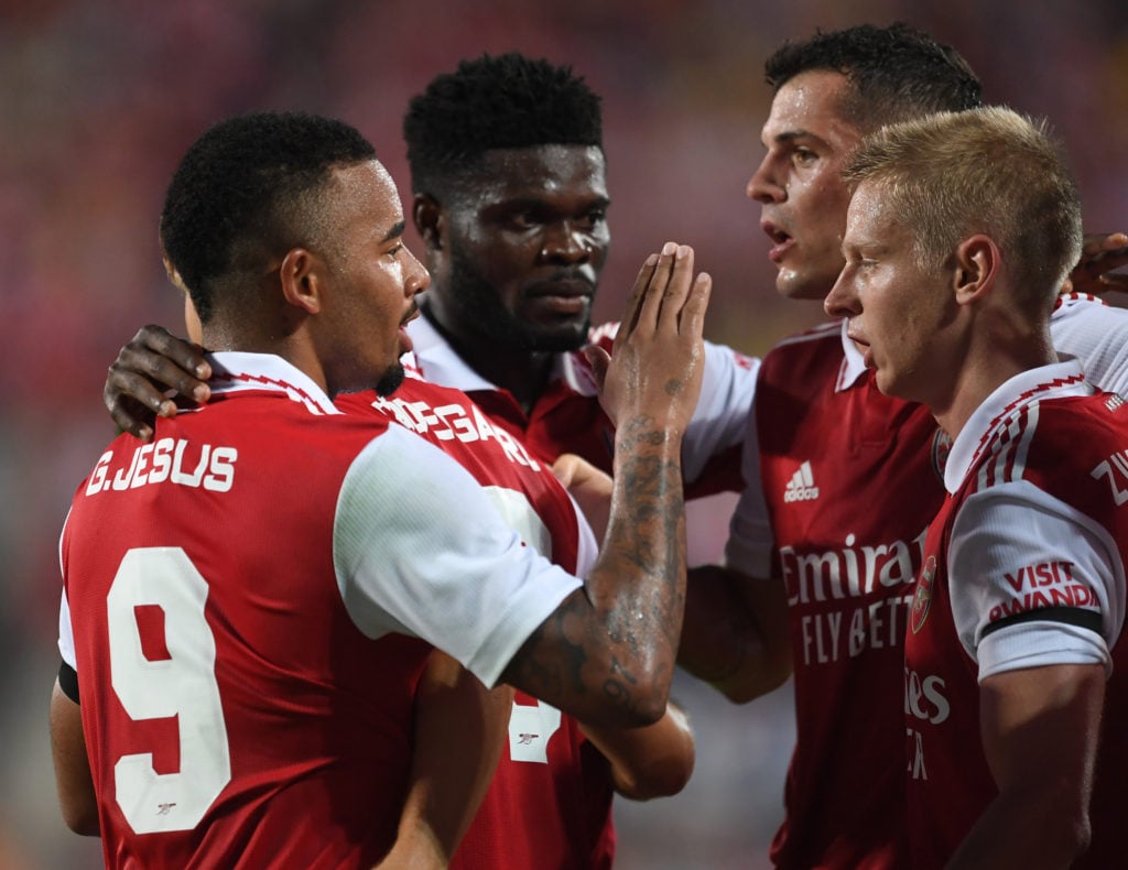 Gabriel Jesus, Thomas Partey, Granit Xhaka and Oleksandr Zinchenko celebrate the 2nd Arsenal goal during the Florida Cup match between Chelsea and ...