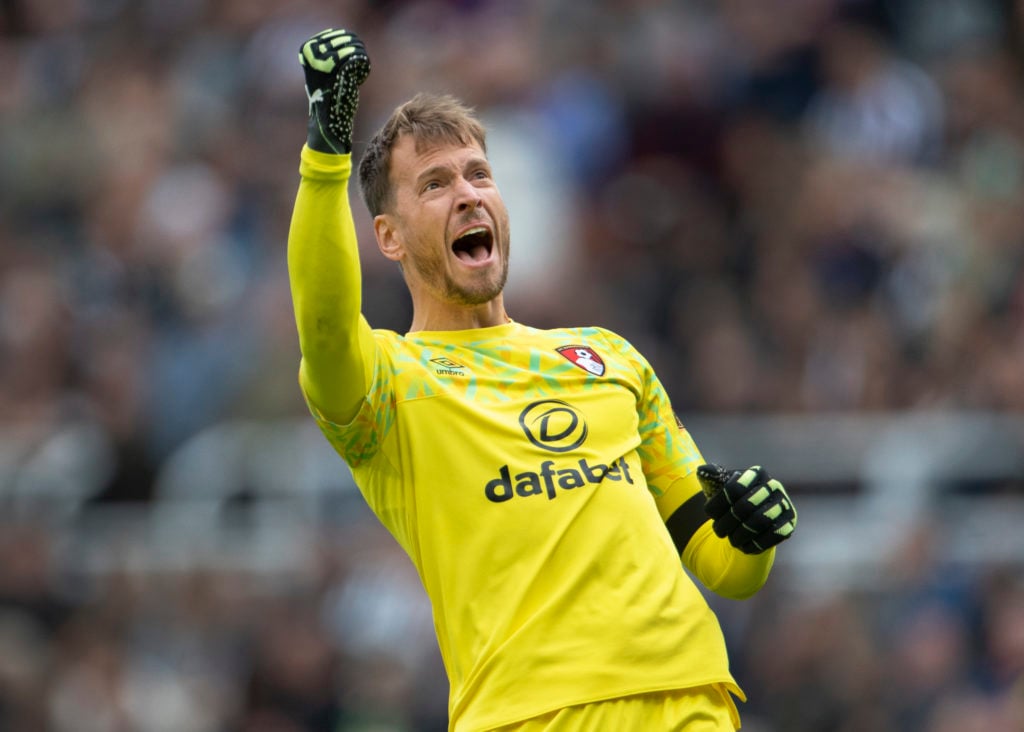 AFC Bournemouth goalkeeper Neto celebrates the AFC Bournemouth goal during the Premier League match between Newcastle United and AFC Bournemouth at...