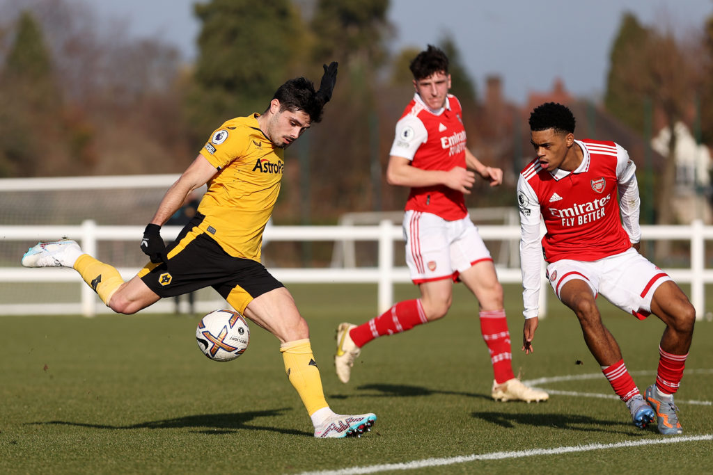 Pedro Neto of Wolverhampton Wanderers in action during the Premier League 2 match between Wolverhampton Wanderers and Arsenal at The Sir Jack Haywa...