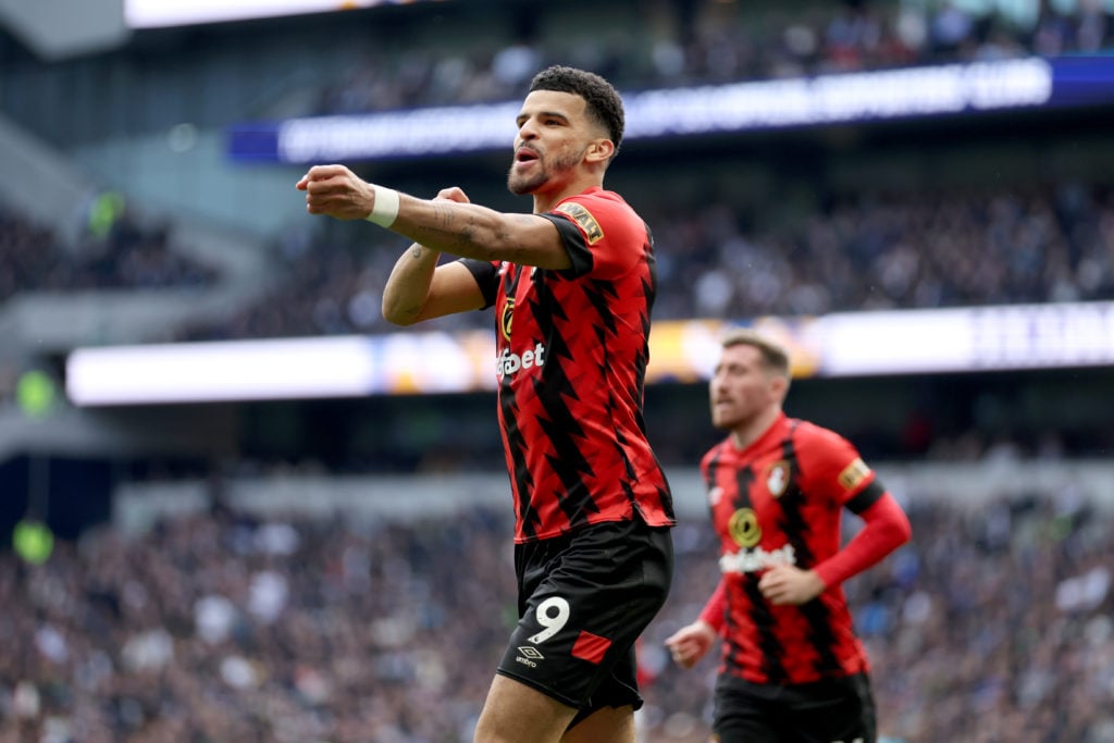 Dominic Solanke of AFC Bournemouth celebrates after scoring the team's second goal during the Premier League match between Tottenham Hotspur and AF...