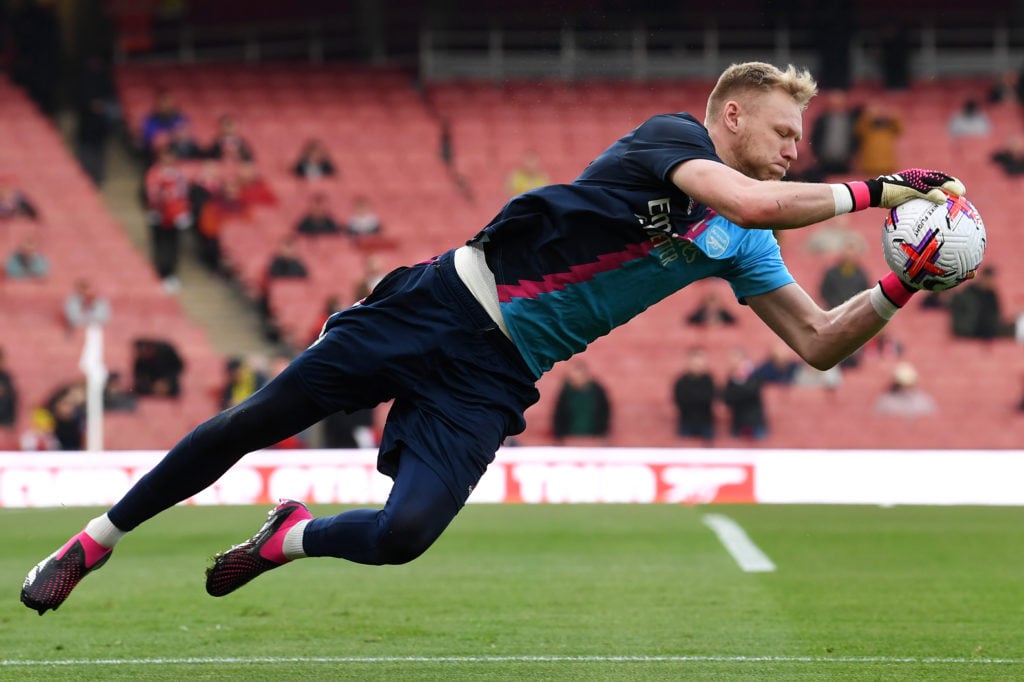 Aaron Ramsdale of Arsenal warms up prior to the Premier League match between Arsenal FC and Southampton FC at Emirates Stadium on April 21, 2023 in...