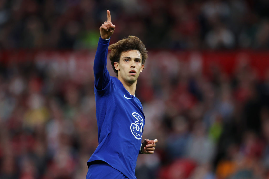 Joao Felix of Chelsea celebrates after scoring the team's first goal during the Premier League match between Manchester United and Chelsea FC at Ol...