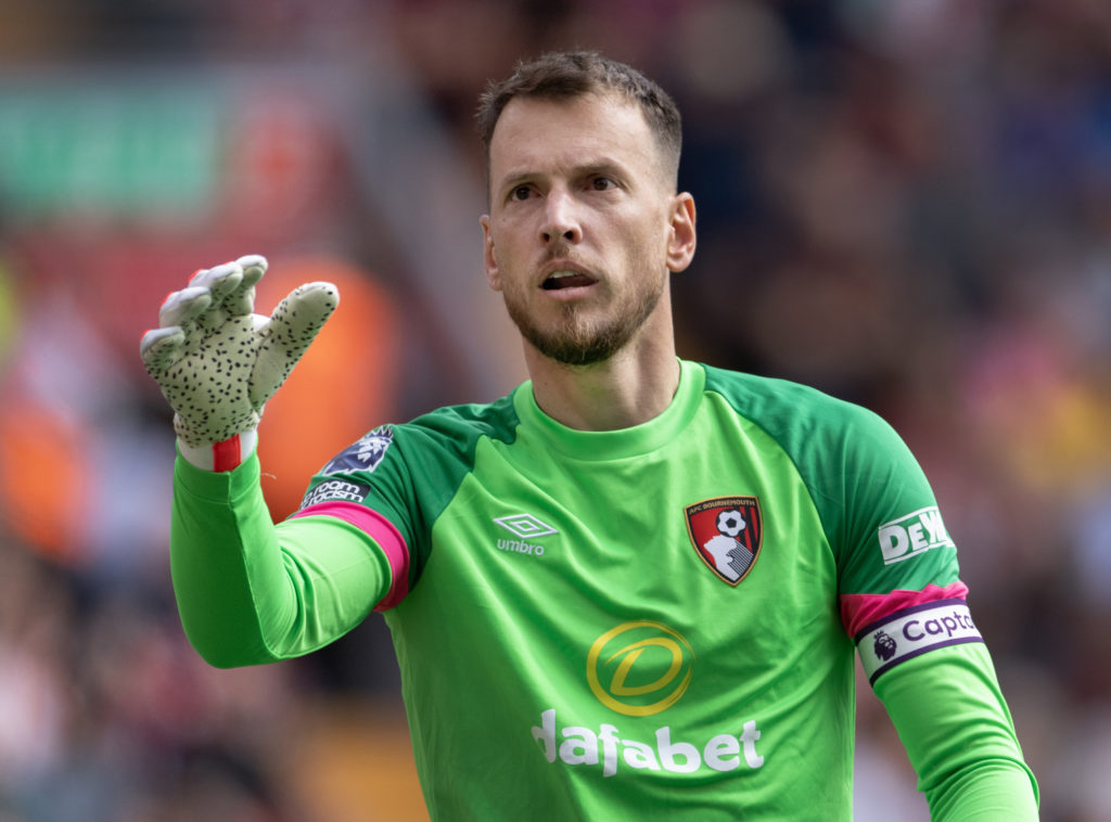 AFC Bournemouth goalkeeper Neto during the Premier League match between Liverpool FC and AFC Bournemouth at Anfield on August 19, 2023 in Liverpool...