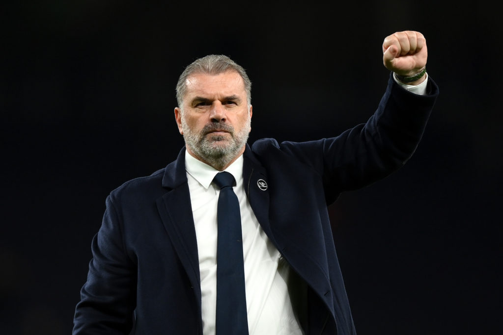 Ange Postecoglou, Manager of Tottenham Hotspur reacts after the team's victory in the Premier League match between Tottenham Hotspur and Fulham FC ...