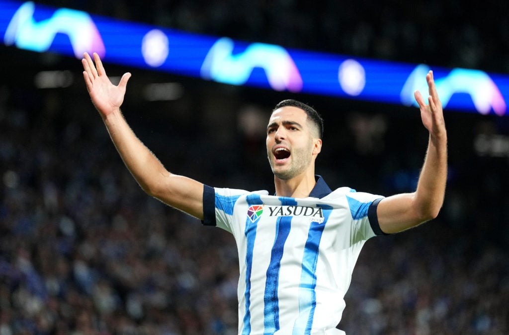 Mikel Merino of Real Sociedad celebrates after scoring the team's first goal during the UEFA Champions League match between Real Sociedad and SL Be...