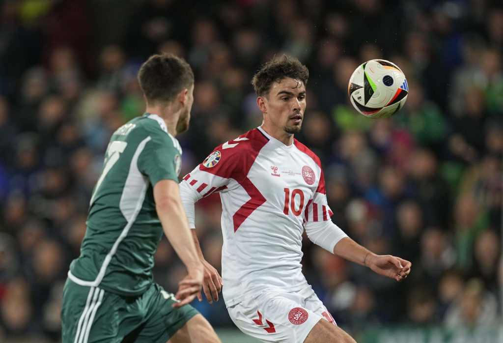 Matthew O'Riley (Denmark) controls the ball during a Group H - UEFA EURO 2024 European Qualifiers game, Northern Ireland v Denmark , at Windsor Par...