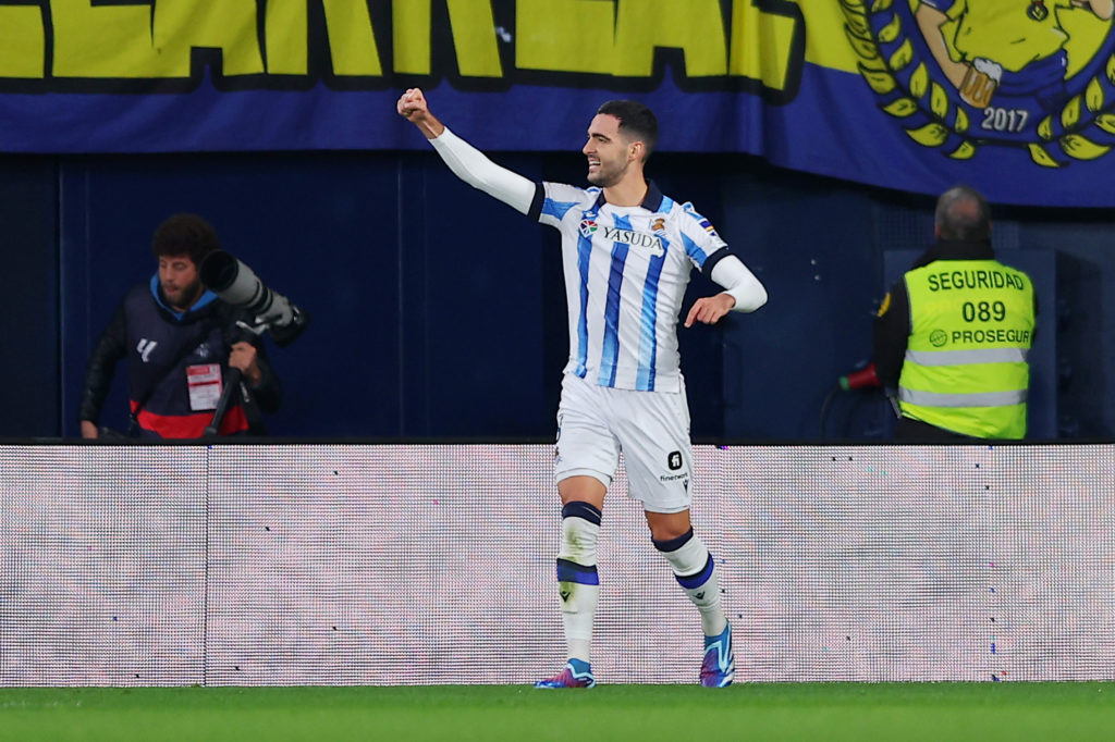 Mikel Merino of Real Sociedad celebrates scoring their team's first goal during the LaLiga EA Sports match between Villarreal CF and Real Sociedad ...