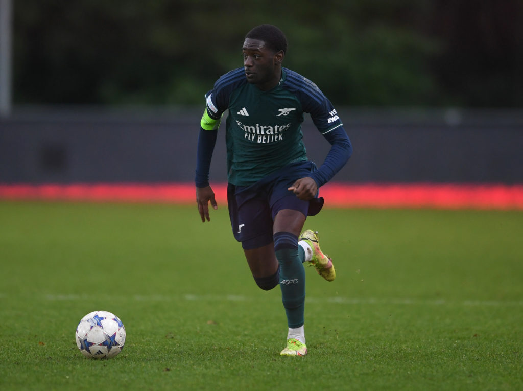 Charles Sagoe Jr of Arsenal during the UEFA Youth League match between PSV Einhoven U19 and Arsenal U19 on December 12, 2023 in Eindhoven, Netherla...