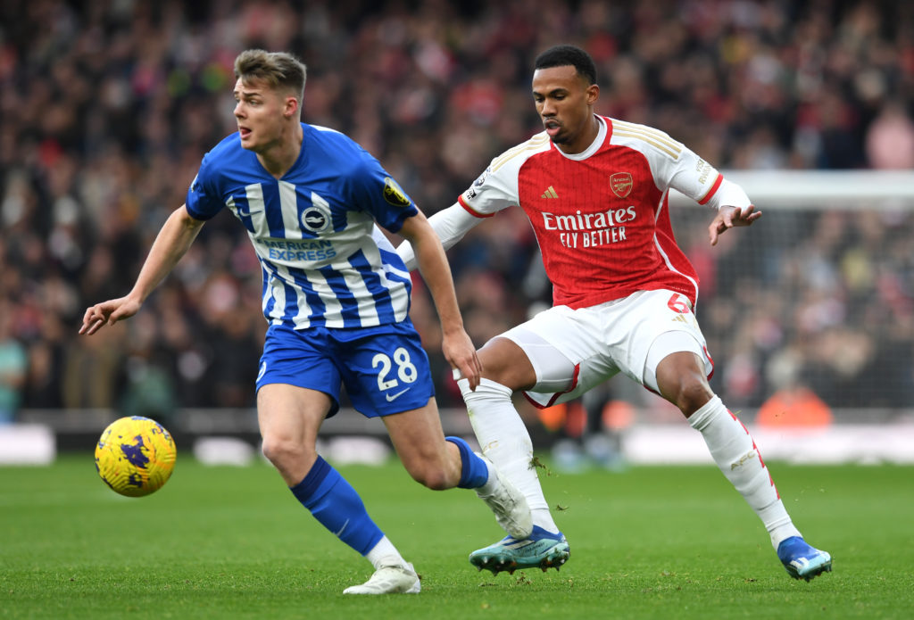 Evan Ferguson of Brighton & Hove Albion battles for possession with Gabriel of Arsenal during the Premier League match between Arsenal FC and B...