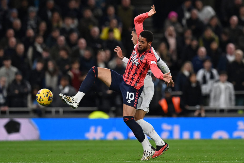 Everton's Nigerian-born Dutch striker #10 Arnaut Danjuma (L) vies with Tottenham Hotspur's Spanish defender #23 Pedro Porro (R) during the English ...