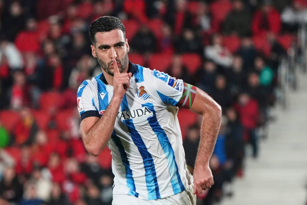 Mikel Merino of Real Sociedad celebrates scoring his team's second goal during the LaLiga EA Sports match between RCD Mallorca and Real Sociedad at...