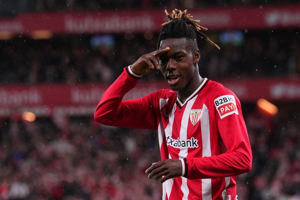 Nico Williams of Athletic Bilbao celebrates scoring the 2nd goal during the Copa del Rey Semifinal match between Athletic Club Bilbao and Atletico ...