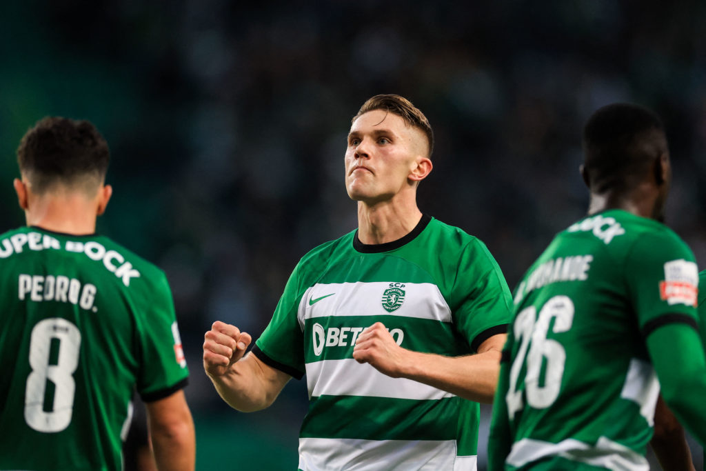 Viktor Gyokeres celebrates scoring his team's second goal during the Portuguese League football match between Sporting CP and SC Farense at the Jose Alvalade stadium in Lisbon on March 3, 2024.