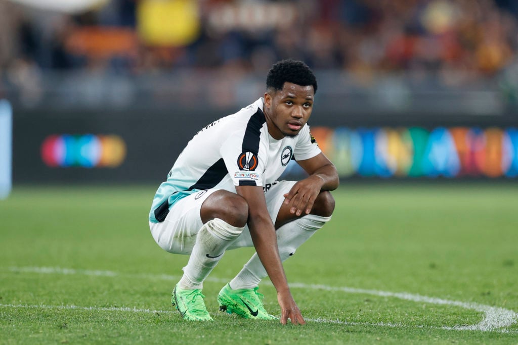 Ansu Fati of Brighton & Hove Albion looks dejected during the UEFA Europa League 2023/24 round of 16 first leg match between AS Roma and Bright...