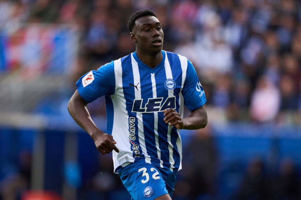 Samu Omorodion of Deportivo Alaves in action during the LaLiga EA Sports match between Deportivo Alaves and Real Sociedad at Estadio de Mendizorroz...