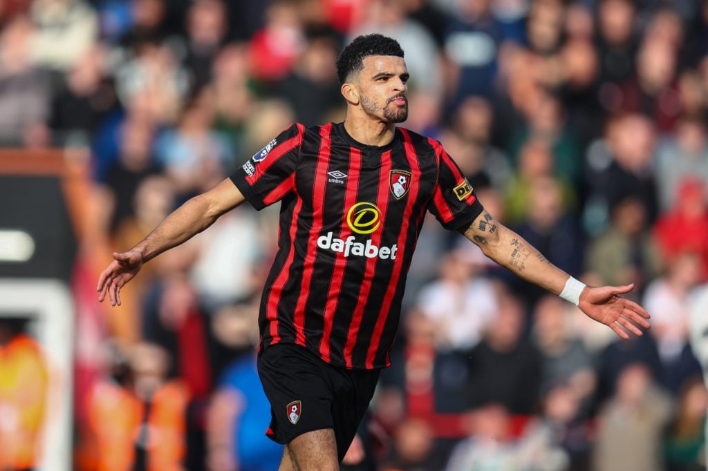 Dominic Solanke of Bournemouth celebrates scoring their 1st goal during the Premier League match between AFC Bournemouth and Manchester United at V...