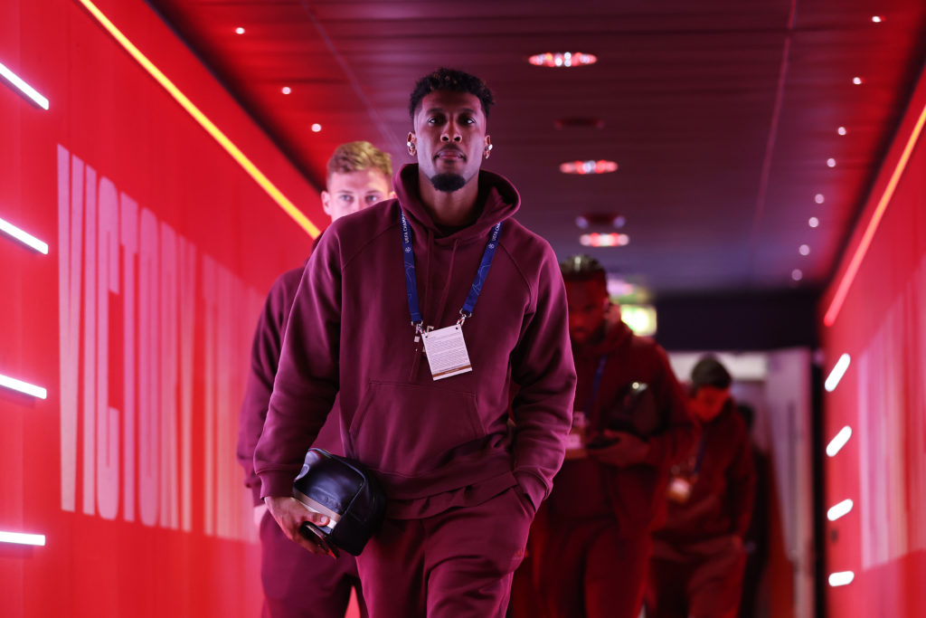 Kingsley Coman of Bayern Munich arrives at the stadium prior to the UEFA Champions League quarter-final first leg match between Arsenal FC and FC B...