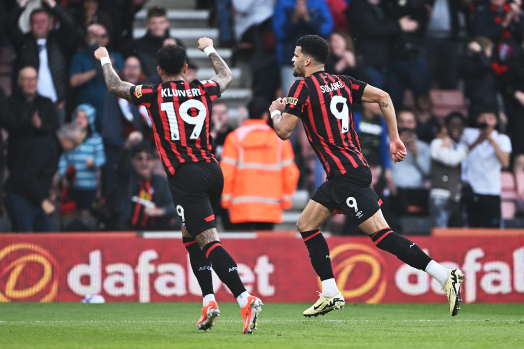 Dominic Solanke of AFC Bournemouth celebrates scoring his team's first goal with teammate Justin Kluivert during the Premier League match between A...