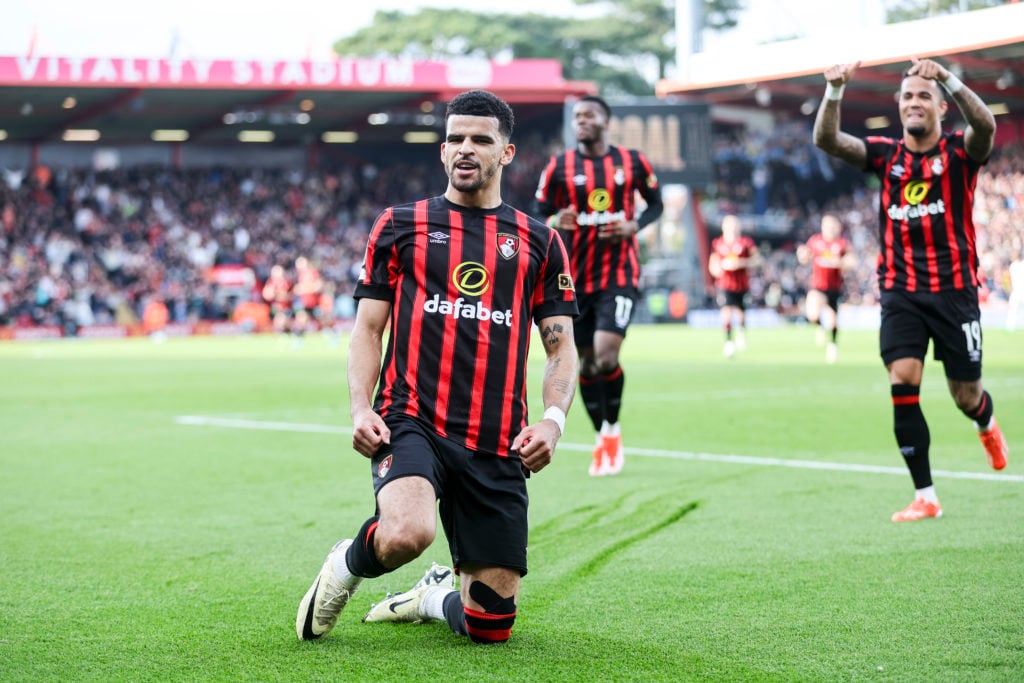 Dominic Solanke of Bournemouth celebrates after he scores a goal to make it 1-0 during the Premier League match between AFC Bournemouth and Manches...