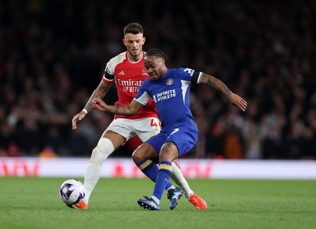 Ben White of Arsenal and Raheem Sterling of Chelsea during the Premier League match between Arsenal FC and Chelsea FC at Emirates Stadium on April ...