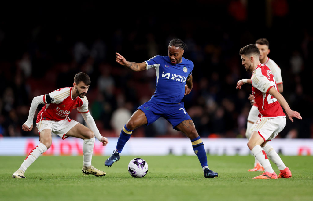 Raheem Sterling of Chelsea Jorginho and Kai Havertz of Arsenal during the Premier League match between Arsenal FC and Chelsea FC at Emirates Stadiu...