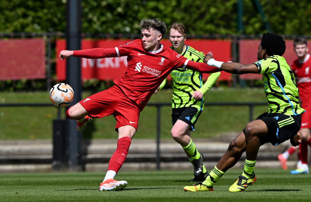 (THE SUN OUT, THE SUN ON SUNDAY OUT) Bobby Clark of Liverpool in action during the PL2 game at AXA Training Centre on April 28, 2024 in Kirkby, Eng...