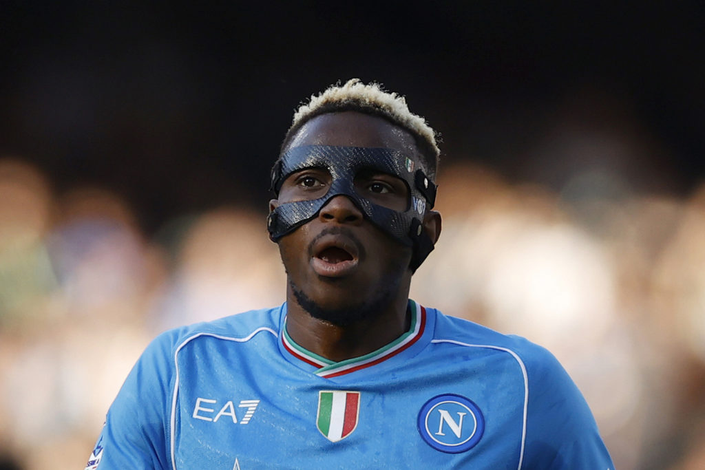 Victor Osimhen of SSC Napoli looks dejected during the Serie A TIM match between SSC Napoli and Bologna FC at Stadio Diego Armando Maradona on May ...