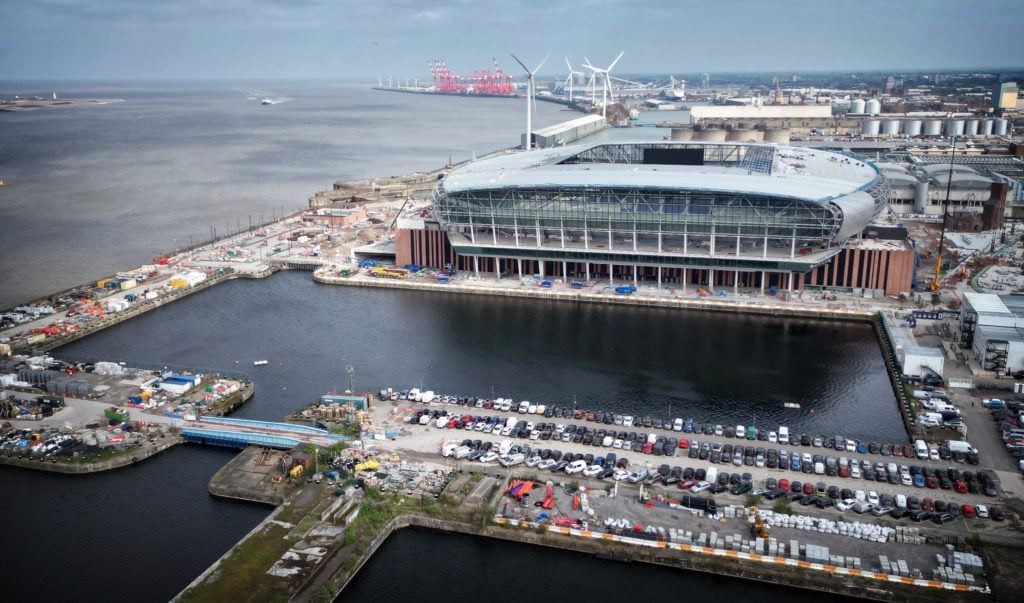 A photograph taken on May 13, 2024 shows an aerial view of the understruction new stadium for Everton football club, at Bramley Moore Dock, in Live...