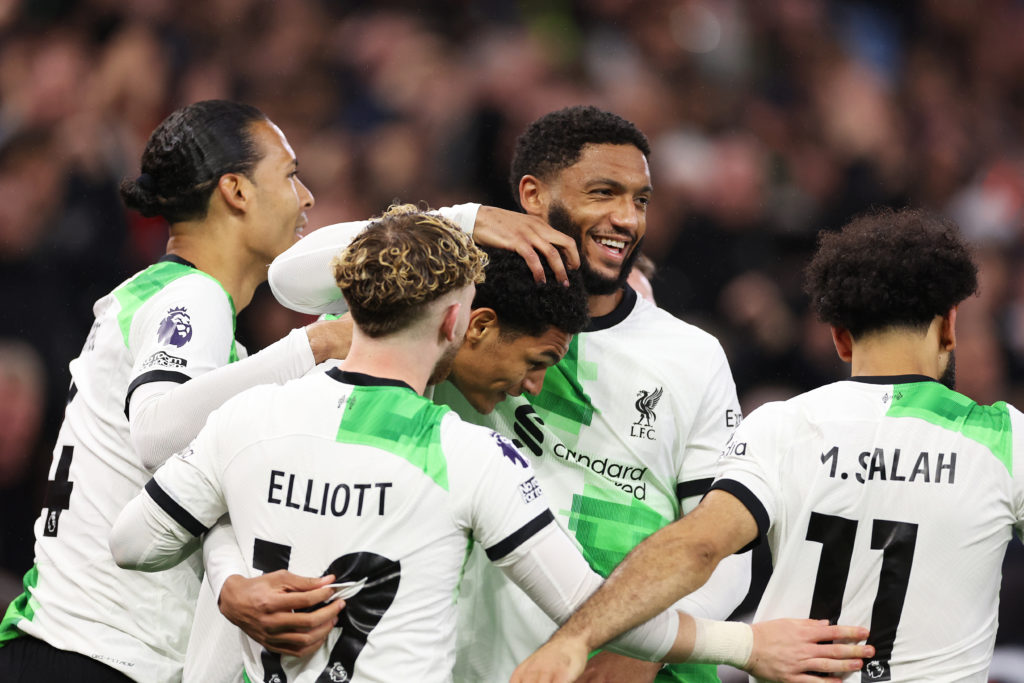 Jarell Quansah of Liverpool celebrates scoring his team's third goal with teammates during the Premier League match between Aston Villa and Liverpo...