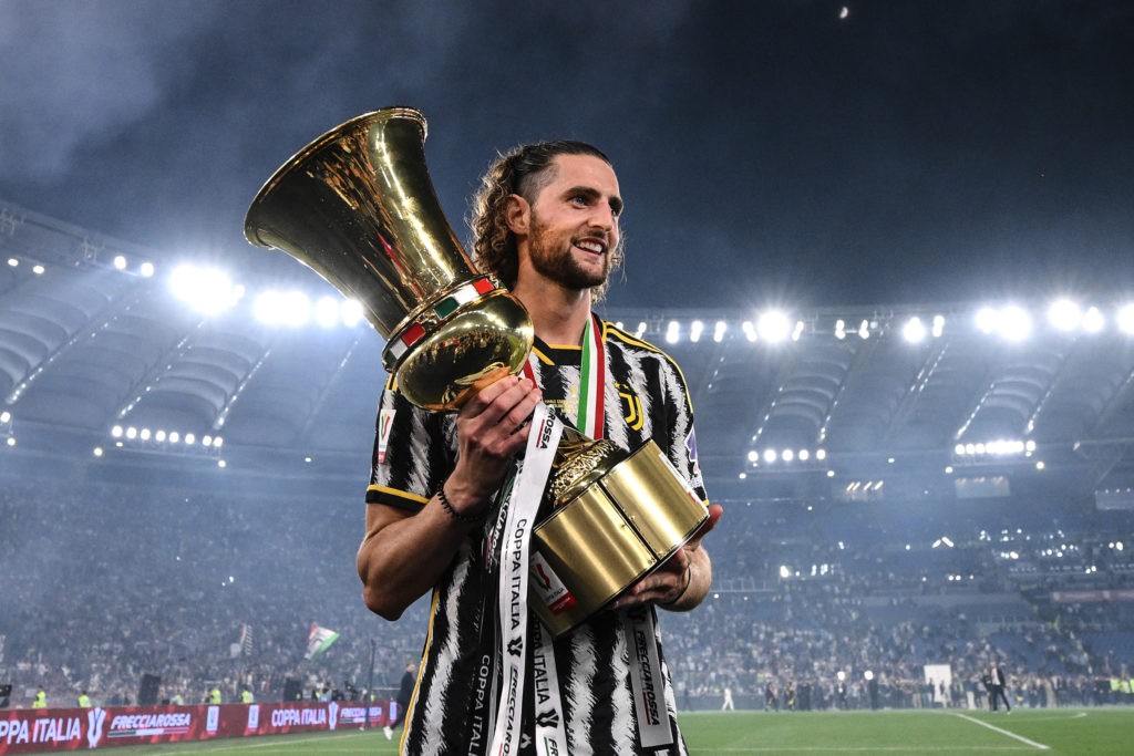 Adrien Rabiot of Juventus celebrates the victory at the end of the Coppa Italia Final match between Atalanta BC and Juventus FC at Olimpico Stadium...