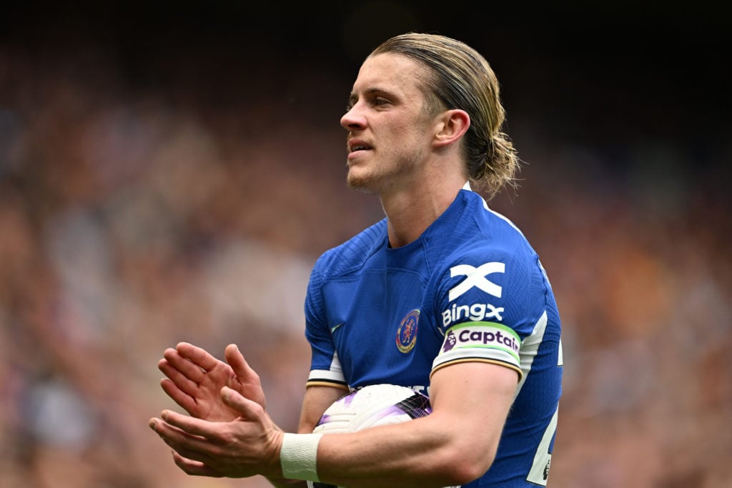 Conor Gallagher of Chelsea applauds the supporters during the Premier League match between Chelsea FC and AFC Bournemouth at Stamford Bridge on May...