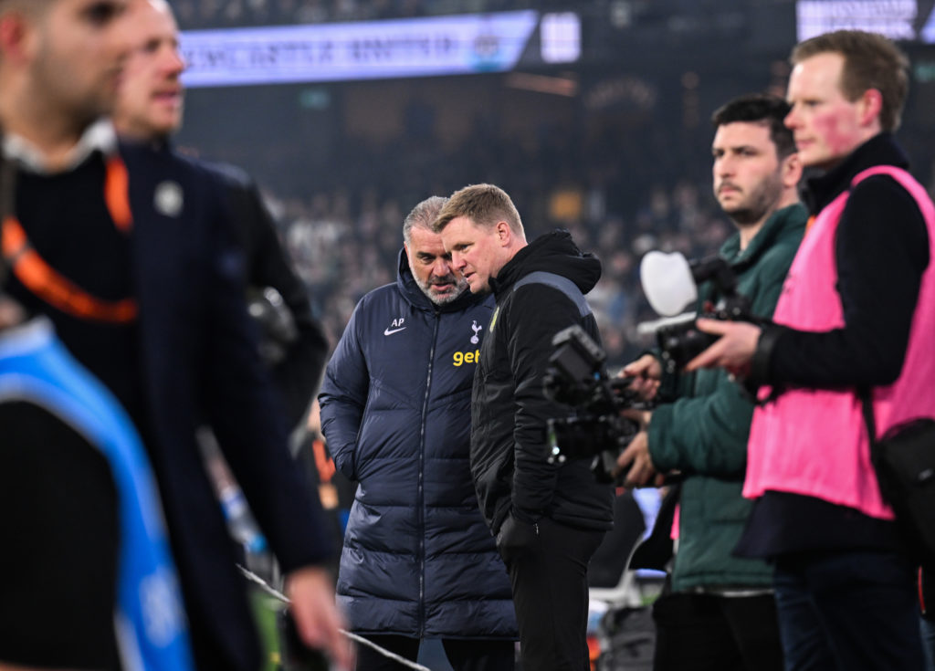 Tottenham Hotspur Manager Ange Postecoglou (L) speaks to Newcastle United Head Coach Eddie Howe  (R) during the Global Football Week exhibition mat...