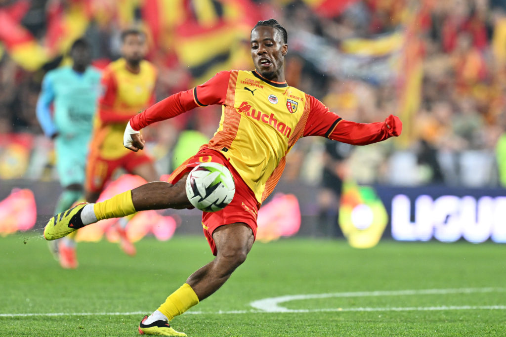 Elye Wahi (9) of RC Lens pictured in action during the Ligue 1 Uber Eats game 34 in the 2023-2024 season between Racing Club de Lens and Montpellie...