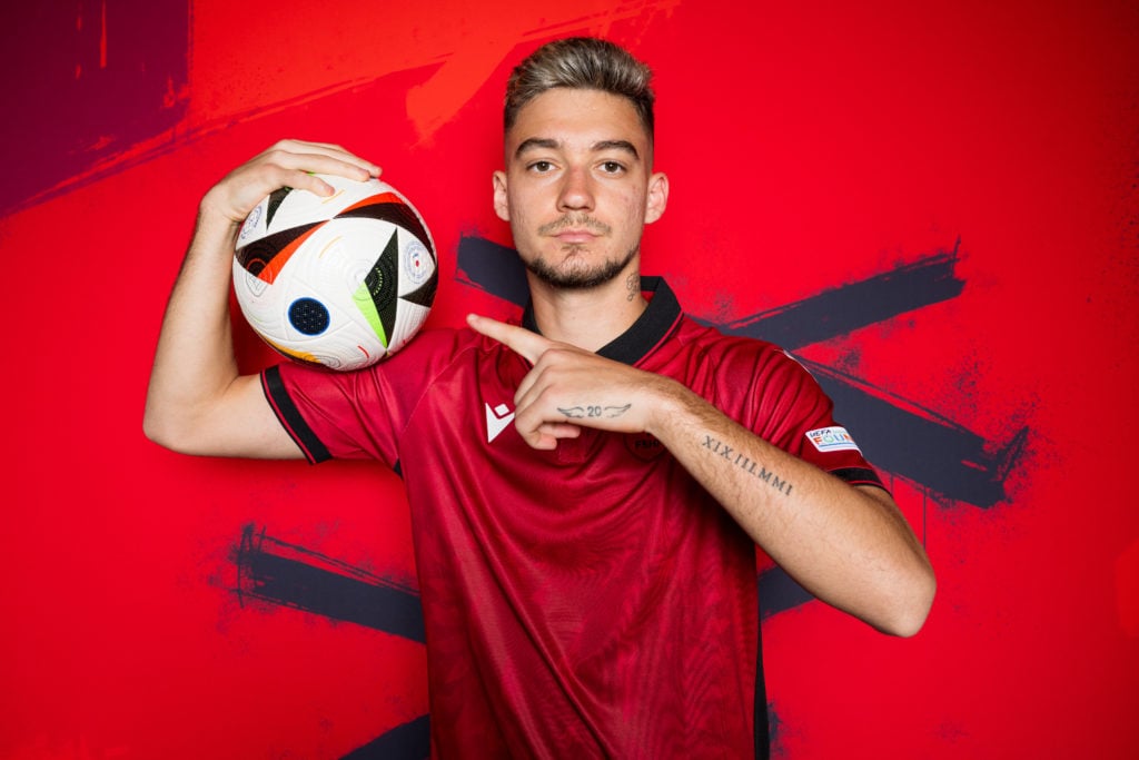 Ernest Muci of Albania poses for a portrait during the Albania Portrait session ahead of the UEFA EURO 2024 Germany on June 04, 2024 in Berlin, Ger...