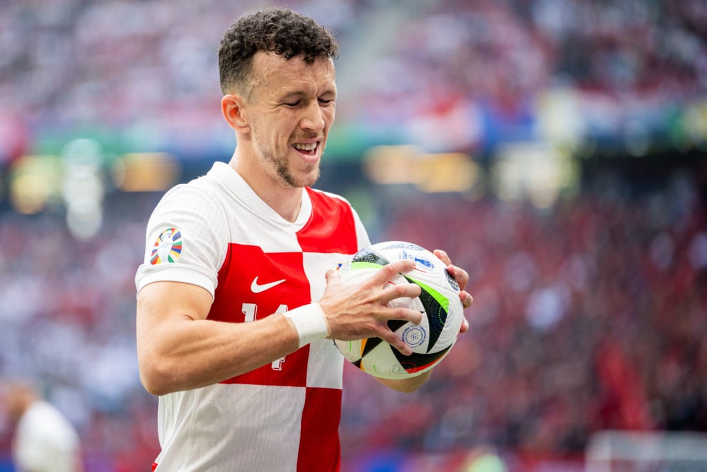 Ivan Perisic of Croatia squeezes the ball during the UEFA EURO 2024 group stage match between Croatia and Albania at Volksparkstadion on June 19, 2...