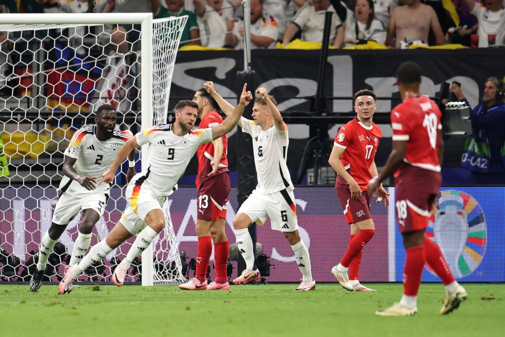 Niclas Fuellkrug of Germany celebrates scoring his team's first goal during the UEFA EURO 2024 group stage match between Switzerland and Germany at...