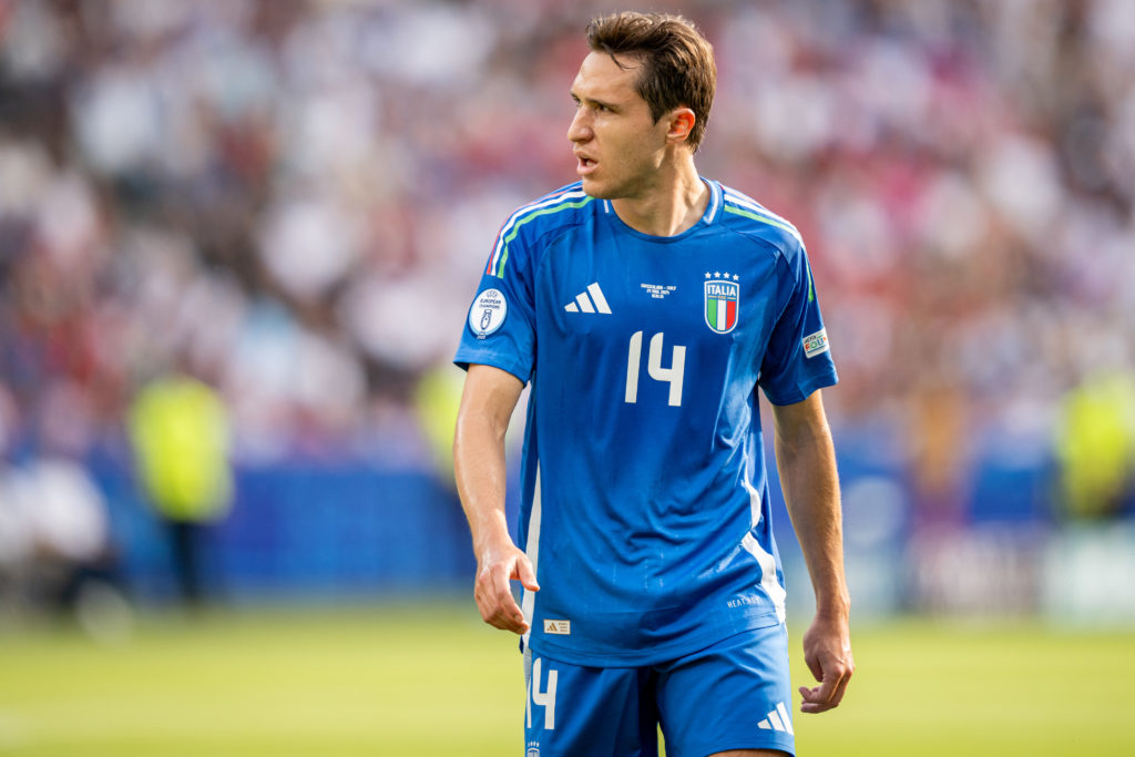 Federico Chiesa of Italy looks on during the UEFA EURO 2024 round of 16 match between Switzerland and Italy at Olympiastadion on June 29, 2024 in B...