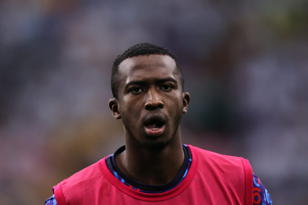 Willian Pacho of Ecuador gestures during the warms up prior to the CONMEBOL Copa America 2024 quarter-final match between Argentina and Ecuador at ...