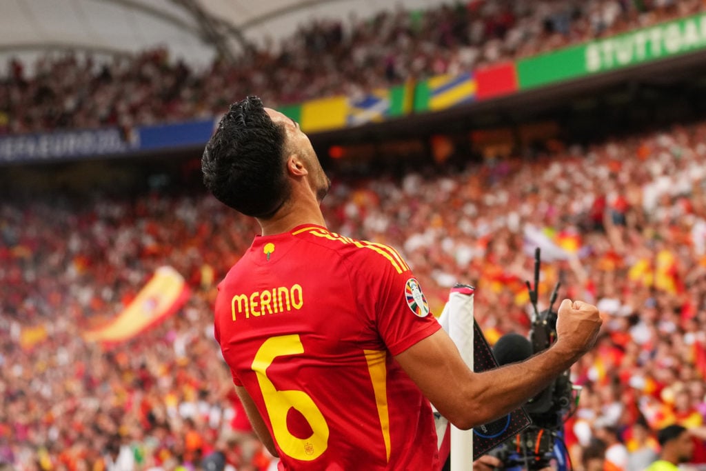 Mikel Merino of Spain celebrates scoring his team's second goal during the UEFA EURO 2024 quarter-final match between Spain and Germany at Stuttgar...