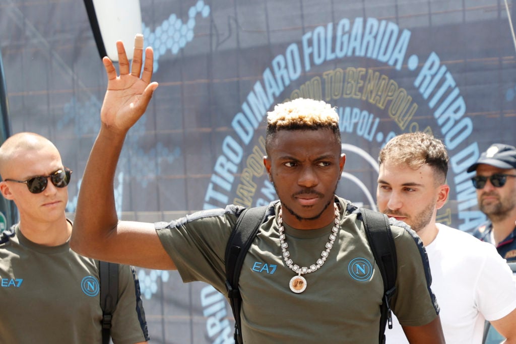 Victor Osimhen of Napoli is arriving in Dimaro for the preseason camp of SSC Napoli in Dimaro, Trento, Italy, on July 11, 2024.