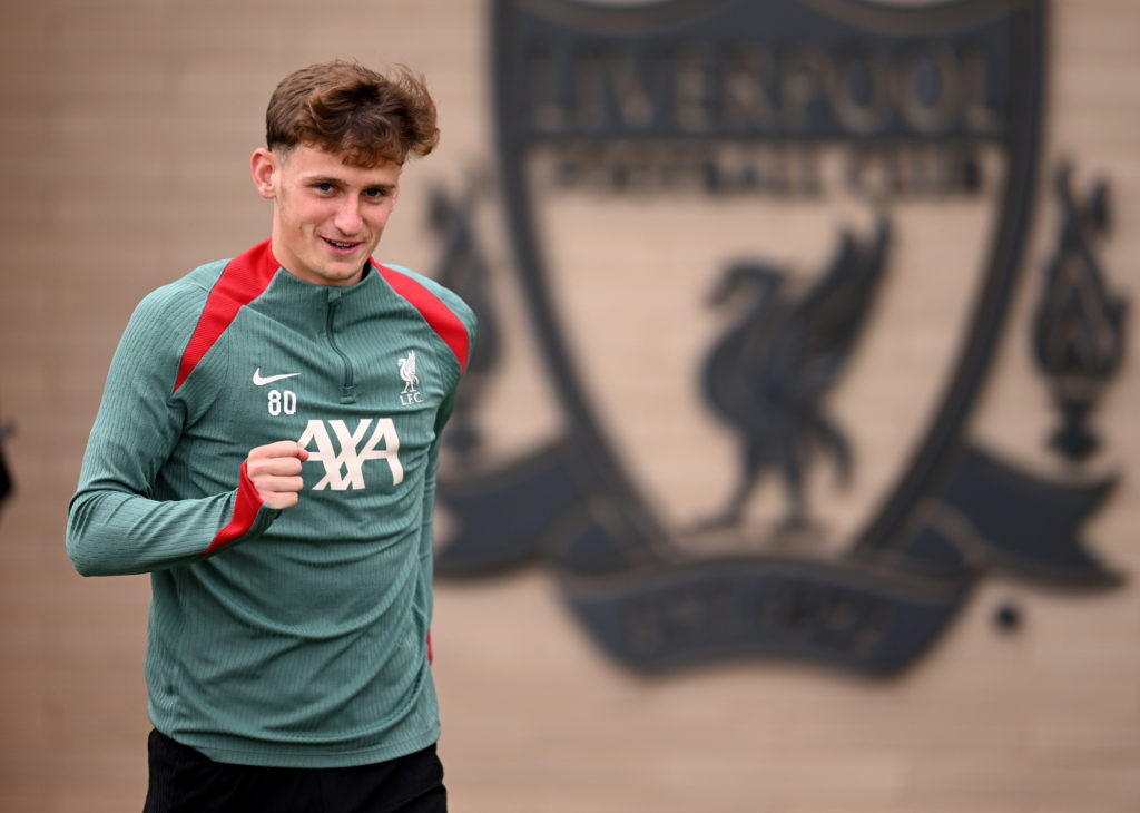 (SUN OUT, SUN ON SUNDAY) Tyler Morton of Liverpool during a training session at the AXA Training Center on July 12, 2024 in Kirkby, England.